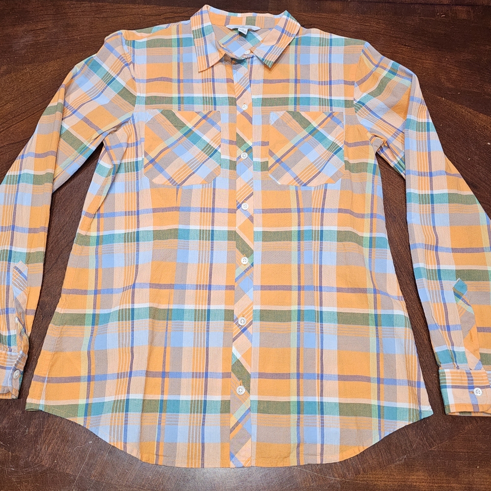 LL Bean Signature Orange Blue Green Plaid Long-sleeve Button-up Shirt Size 8